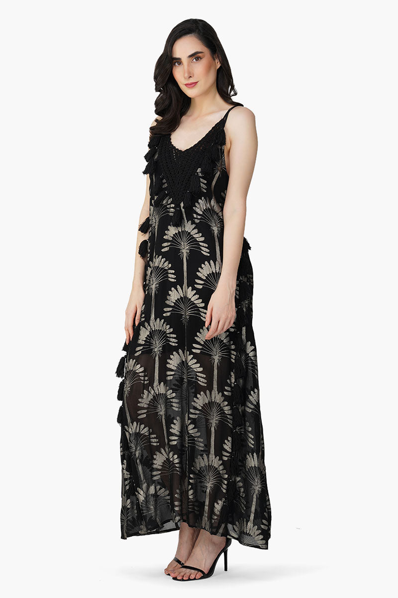 Silver Black Foil Printed Strap Maxi Dress