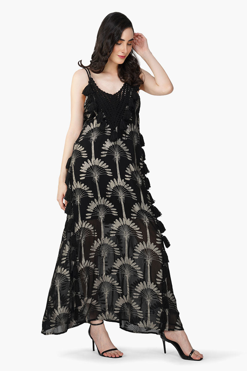 Silver Black Foil Printed Strap Maxi Dress