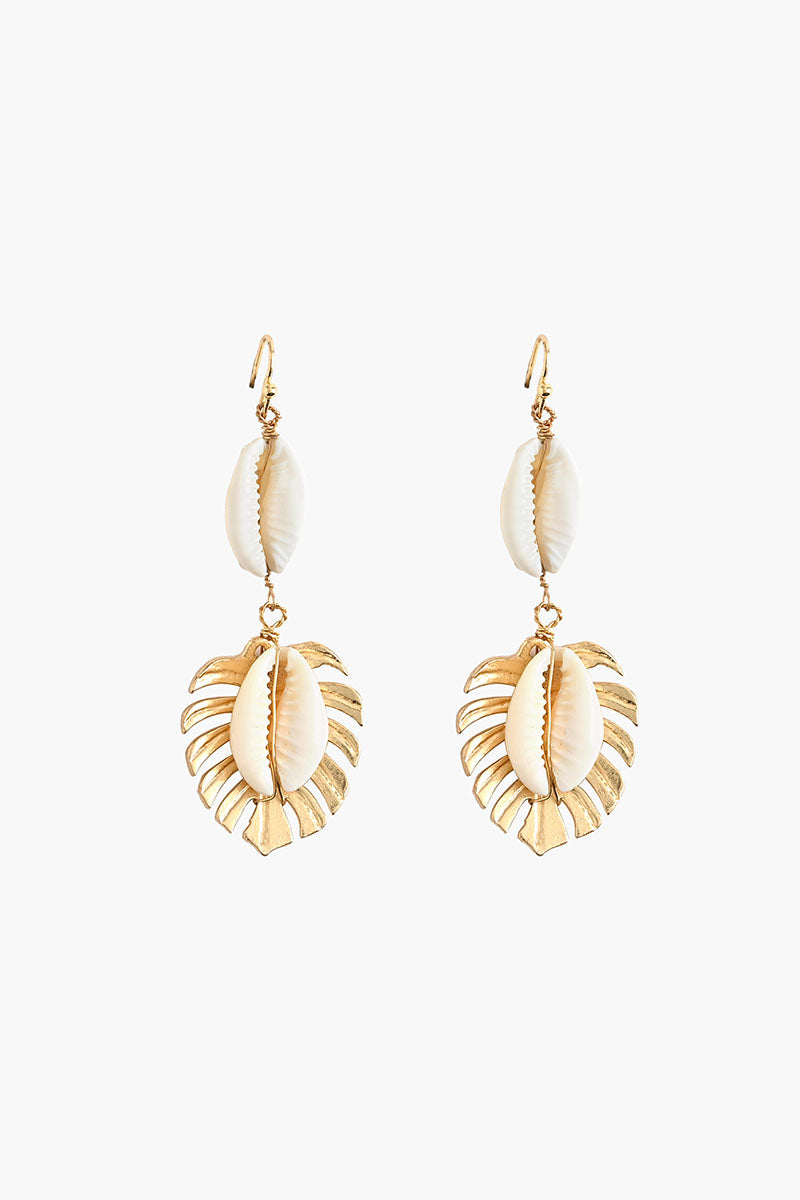 Gold and Shell Drop Earrings with Leaf Design