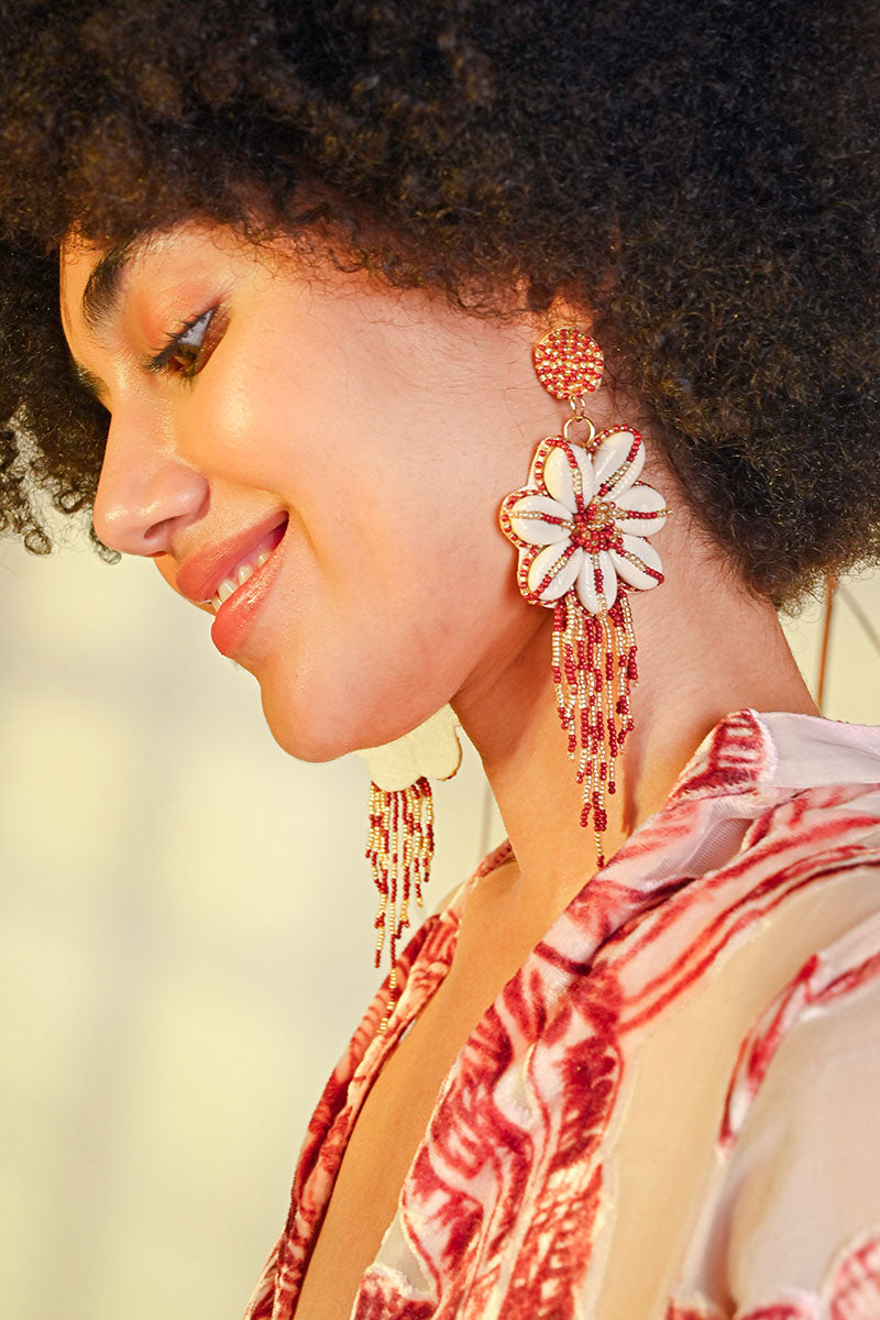 Floral Seashell Beaded Tassel Earrings