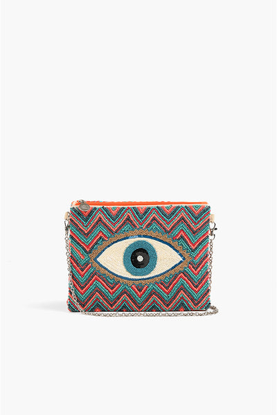 Evil outlets eye silver rhinestoned folding clutch crossbody bag