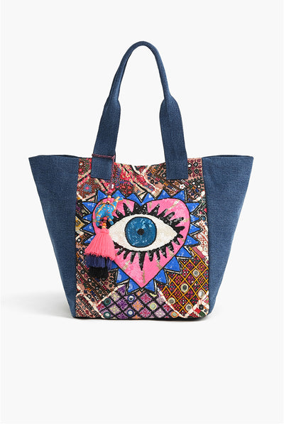 Watch Over Me Evil Eye Denim Tote-Hand Beaded Denim Blue Tote